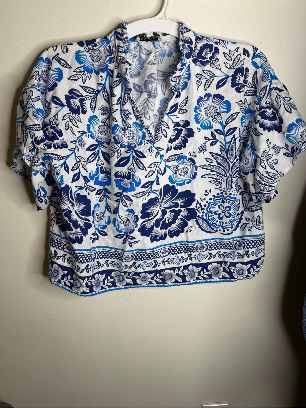 Rachel Zoe Blue and Navy Floral Split-Neck Top - Picture 2 of 5